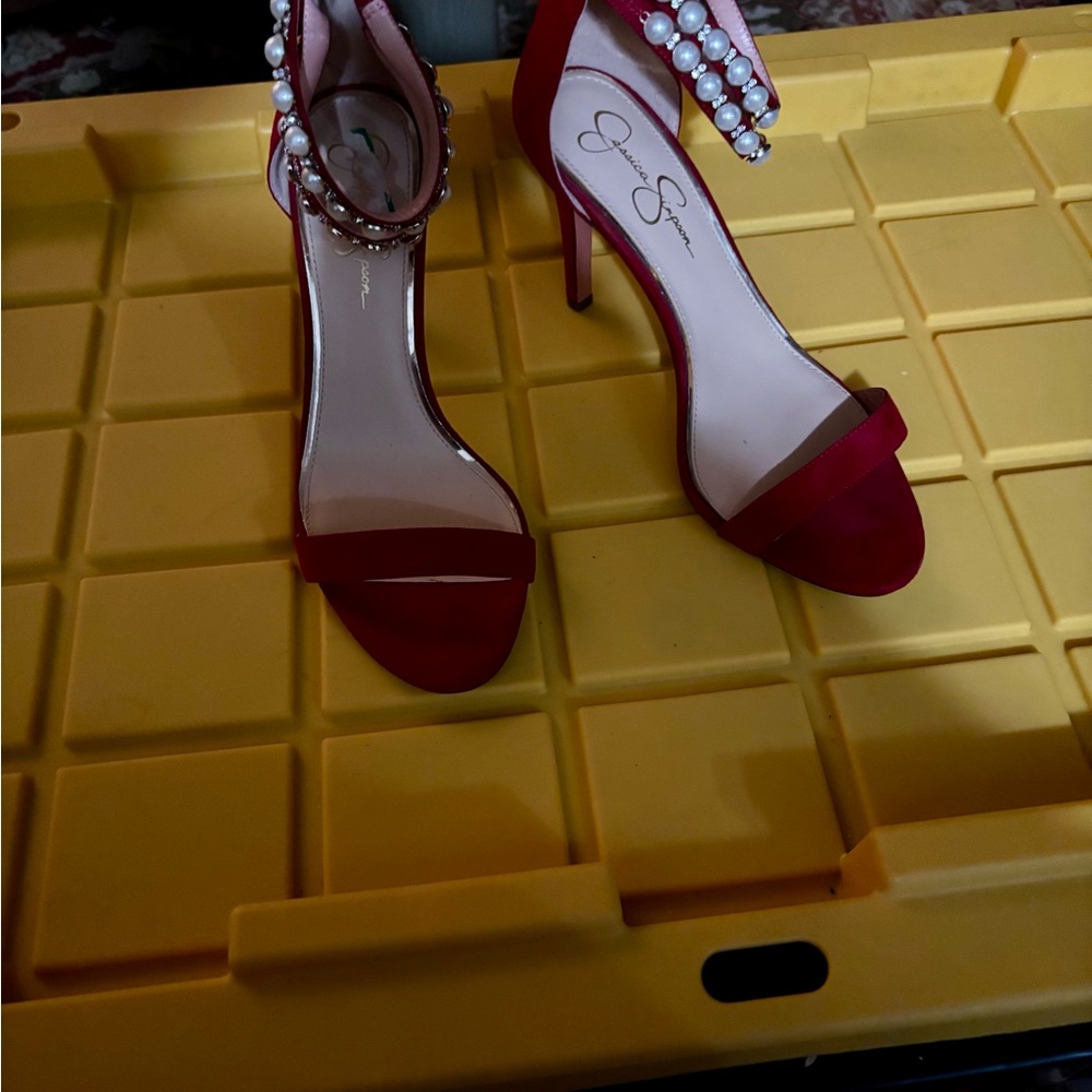 Jessica Simpson Red Heels with Pearl Accents